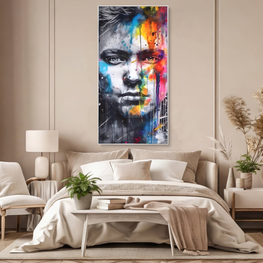 Tablou canvas cu tablou canvas portret barbat cu pete de culoare, in rama de aluminiu argintiu, pe perete intr-un dormitor